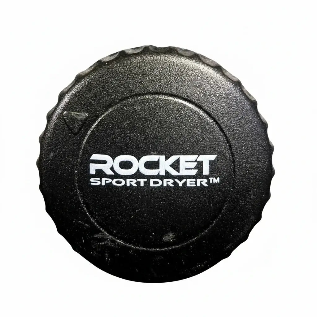 Black cap with 'Rocket Sport Dryer' logo on a white font color