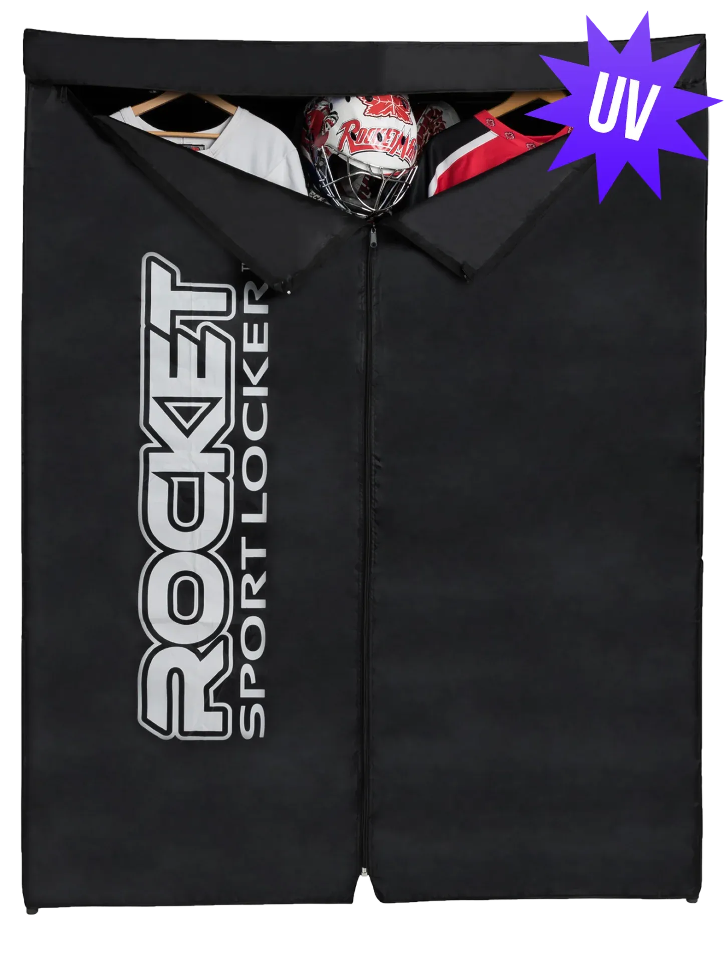 A black ROCKET Sport Locker UV with a visible hockey mask hanging inside - Rocket Sport Locker
