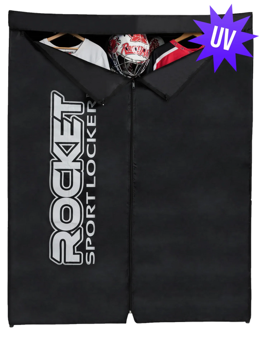 A black ROCKET Sport Locker UV with a visible hockey mask hanging inside - Rocket Sport Locker